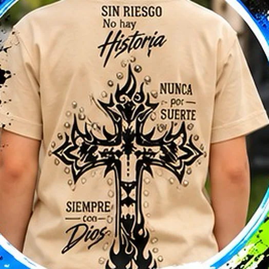 Espalda del polo beige con las tres frases