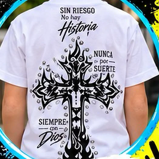 Espalda del polo blanco con las tres frases