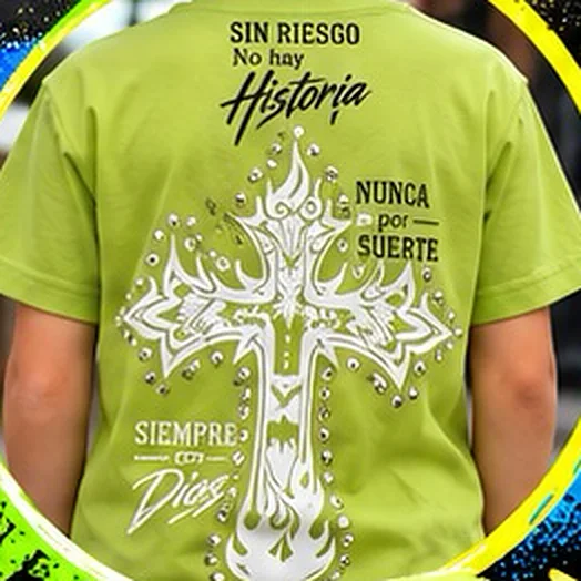 Espalda del polo verde con las tres frases